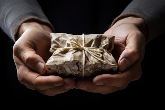 Concept photo of a pilgrims hands holding a small, carefully wrapped package, perhaps a memento or gift from a fellow pilgrim or a symbolic offering to the divine. The package holds great