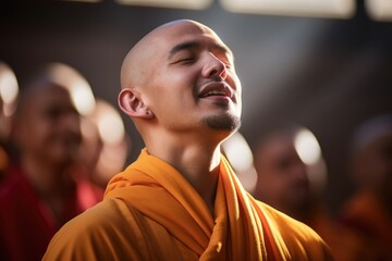 Closeup of a monk, dd in saffron robes, with his eyes closed and head tilted upwards, fully immersed in the sacred chant he is leading.