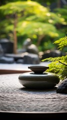 Concept photo of a peaceful Zen garden, with carefully p rocks and plants, leading to a simple yet elegant meditation hall.