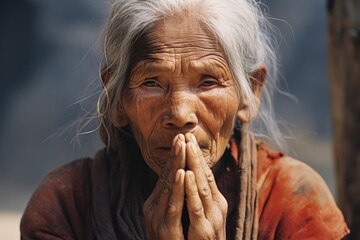 Closeup of an older woman with a weathered face, her eyes filled with wisdom and her hands folded in prayer, as she leads the group with grace and humility.