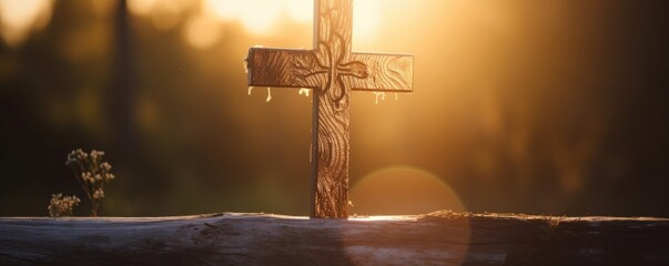 A closeup of a wooden cross, silhouetted by the golden glow of a sunset, highlighting its intricate carvings and the natural grains of the wood. - Powered by Adobe