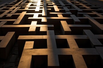 The warm light of the setting sun shining through the hollow spaces of a metal cross, creating a stunning pattern of shadows on the ground.