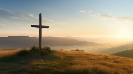 Fototapeta na wymiar A wooden cross overlooking a vast expanse of rolling hills and fields, a reminder of the greatness of Gods creation.