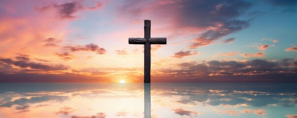 Concept photo of a glistening cross, made entirely of colorful seashells and coral, reflecting the vibrant hues of the surrounding sunset sky.