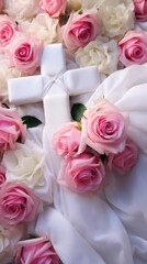 Closeup of a beautifully crafted white cross nestled a a bed of delicate pink roses, representing the everlasting love and sacrifice of Jesus.