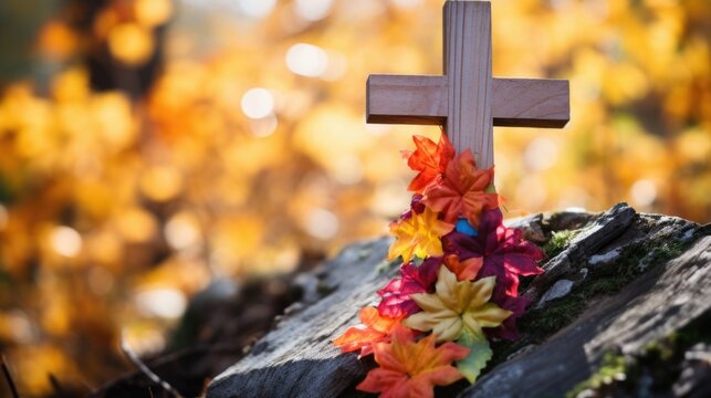 Closeup of a wooden cross adorned with colorful autumn leaves, a reminder of the cyclical nature of life and faith.