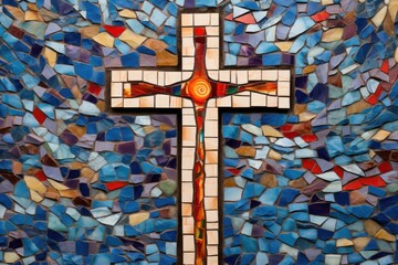 Zoomedin view of a mosaic cross, rich in symbolism and biblical references. Each tile is thoughtfully p to tell a story, from the birth of Jesus to His resurrection, making this piece a visual