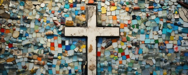 Concept photo of a mosaic cross, made entirely from recycled materials such as glass bottles and ss of metal. This unique and ecofriendly approach to religious art highlights the importance - obrazy, fototapety, plakaty