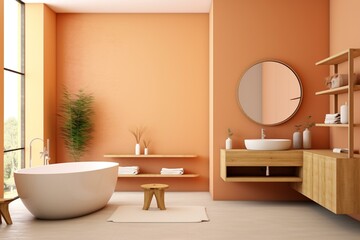 Contemporary bathroom with bright walls, wooden furniture, window, mirror, bathtub. Generative AI