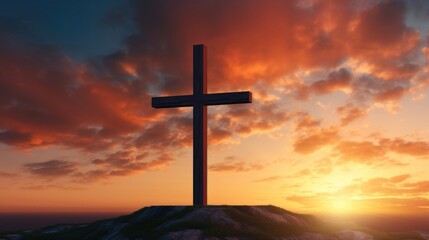 Concept photo of the cross standing tall against a colorful sunset, representing the triumph of faith over the challenges of the journey.