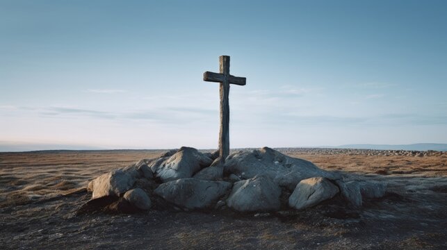 Concept photo of a lone stone cross, standing tall and proud in the midst of a desolate and windswept landscape.