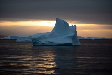An iceberg drifts at dawn in the Arctic Ocean due to climate change and glacier melting. Generative AI