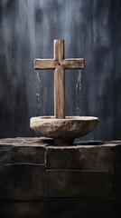 Closeup of a wooden cross with a rustic, distressed finish, p near a baptismal font made of rough, natural stone. This setup symbolizes the transformation and renewal that comes with baptism.