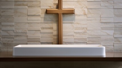 A wooden cross is hung on the wall behind a baptismal font made of smooth, white stone. The font is filled with water, representing the Holy Spirit, and the cross acts as a reminder of Christs