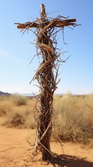 A simple cross of twigs and vines, woven together to withstand the harsh desert winds and mirroring the perseverance of faith.