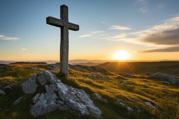 The serene scene of a cross, bathed in the last rays of sunlight, almost as if it is being embraced by the sky itself.