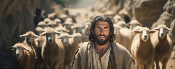 Closeup of a shepherd leading his flock through a narrow path, with a small wooden cross in hand and a determined look on his face, ilrating the perseverance and determination of Jesus as
