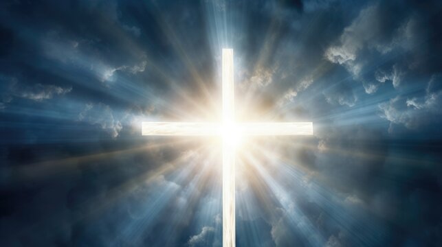 Concept photo of a cross made of light, radiating beams of brightness in all directions, symbolizing the ascension of Jesus into heaven.