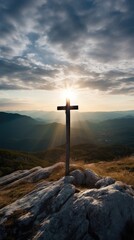 Concept photo of a cross sitting atop a mountain peak, overlooking a vast landscape, symbolizing the power and reach of Gods healing grace.