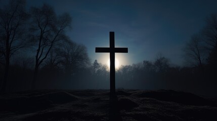 Concept photo of a Cemetery Cross, captured in the soft light of a full moon. The crosss shadow stretches across the ground, a reminder of the eternal cycle of life and death.