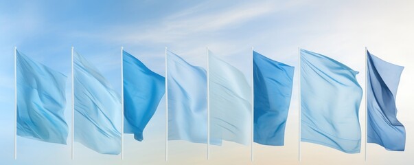 A line of worship flags in shades of blue, ranging from light pastels to deep cobalt, symbolizing the calming and peaceful presence of God in worship.