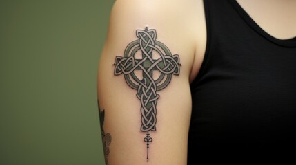 Concept photo of a Celtic knot cross tattoo, inked with fine detail and precision. The knots wrap around the cross, symbolizing the eternal journey of faith and the unbreakable bond between