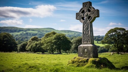 Concept photo of a large Celtic knot cross monument, made of stone and positioned in front of a lush green landscape. The monument is a significant symbol of the merging of Celtic and Christian