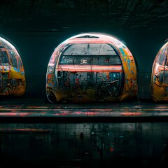 The transport pod emerged silently from the tunnel and slowed as it entered the terminal its sleek lines and unblemished surfaces in sharp contrast to the rusting graffiti covered structure  - obrazy, fototapety, plakaty