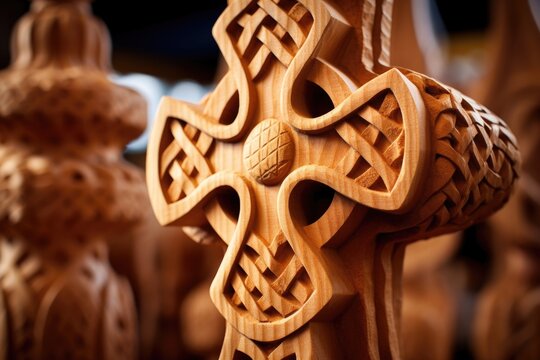 Closeup of a wooden cross, with Celtic knots carved into the four corners. Each knot is unique, showcasing the skilled craftsmanship and attention to detail that goes into creating these