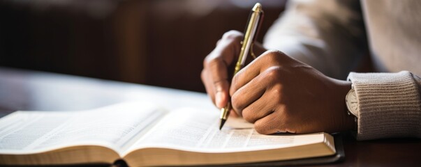 Closeup of an individual taking notes in their Bible study journal, reflecting on the insights and lessons learned during the group session. - obrazy, fototapety, plakaty