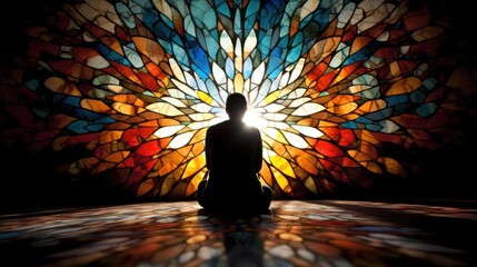 Concept photo of a person kneeling in front of a stained glass window, the light from the colorful pieces illuminating their face as they seek guidance and perseverance through prayer. - obrazy, fototapety, plakaty