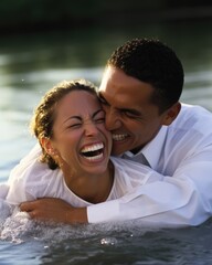 A newly baptized couple, embracing and smiling joyfully as they emerge from the water, symbolizing their shared commitment to living a Christian life together. - obrazy, fototapety, plakaty