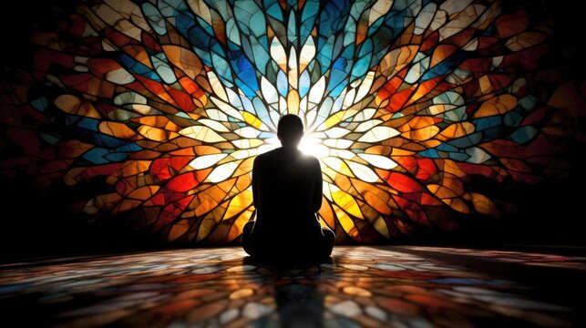 Concept photo of a person kneeling in front of a stained glass window, the light from the colorful pieces illuminating their face as they seek guidance and perseverance through prayer.