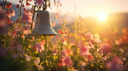 A dreamy shot of church bells ringing in a field of wildflowers, harmonizing with the beauty of nature and embracing all who hear it in a spiritual embrace. - obrazy, fototapety, plakaty