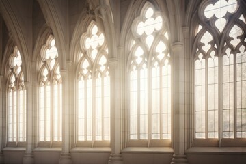 Fototapeta premium Closeup of a series of arched windows, each featuring delicate tracery designs, streaming sunlight into the tranquil atmosphere of a Gothic church.