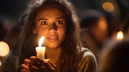 Closeup of a young woman holding a lit candle, representing the light of Christ as she stands in the midst of the campfire.