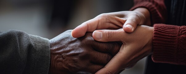 Closeup of a volunteer praying with a community member, holding their hands and offering words of comfort and hope. The volunteers eyes are closed in concentration, while the community member