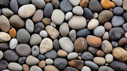 Fototapeta na wymiar Texture of exposed aggregate concrete A co and gritty concrete surface with a mix of different sized rocks and pebbles in shades of brown, black, and white. The surface has a rugged and