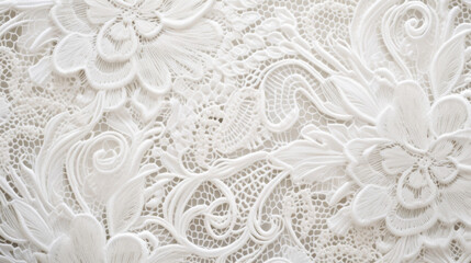 Closeup of a Parisian lace texture, with a mix of intricate swirls and intricate lacework. The lace is very fine and almost transparent, with a delicate and ethereal look.