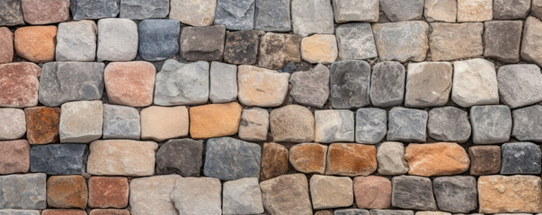 Obraz premium Texture of a cobblestone with an irregular shape, featuring a patchwork pattern of colors and textures. The stone has a mix of earthy tones, with smooth sections and others covered in a