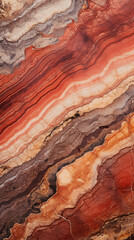 Petrified wood featuring a fossilized grain texture, revealing a deep, rich color palette of red, brown, and beige hues within its intricate patterns and lines.