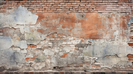Closeup of a neglected brick wall, displaying a mix of rustcolored bricks and peeling, crumbling mortar.