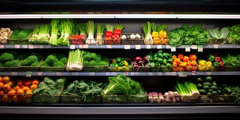 Poster fruits and vegetables in the refrigerated shelf, generative AI © VALUEINVESTOR