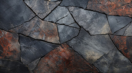 Detailed closeup of a section of Weathered Slate, highlighting the beauty of its natural imperfections. The surface is a mosaic of chipped edges, cracks, and swirling patterns in shades