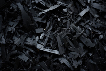 Closeup of shredded rubber pieces overlapping and intertwining, creating a chaotic and messy texture. The rubber appears to have been or ripped apart, with sharp edges and uneven thickness.
