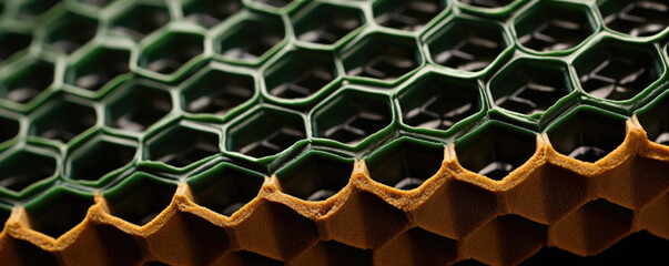 Closeup of honeycomb patterned rubber featuring an intricately detailed design of honeycomb cells in shades of green and brown. The rubber is resilient to wear and tear, making it suitable