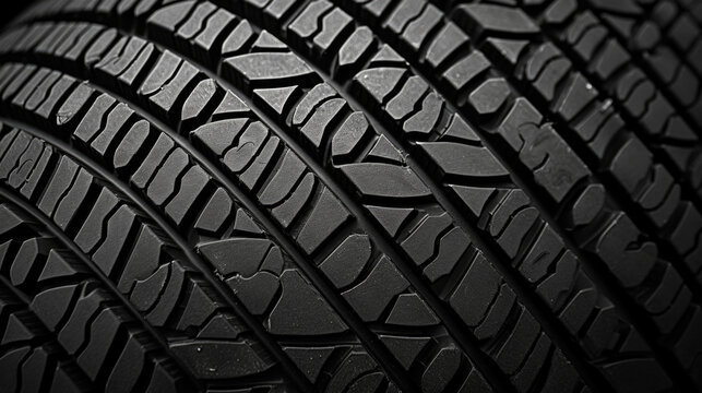 Closeup of a grooved tire rubber, resembling a honeycomb pattern. The depth and uniformity of the grooves suggest high durability and longevity.