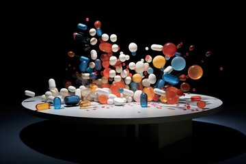 An avant-garde arrangement of pills in a three-dimensional space. Generative AI - obrazy, fototapety, plakaty