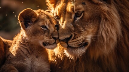 Mother Lion is hugged by her son with love