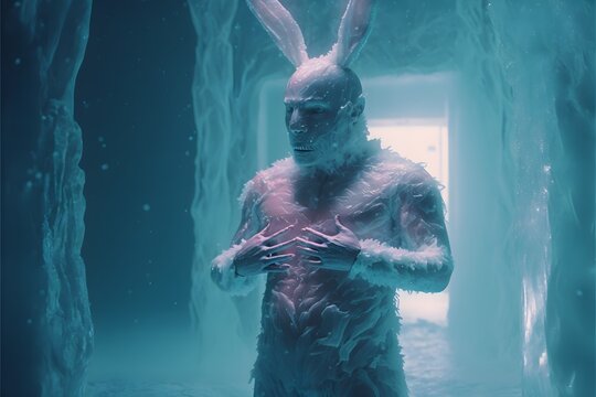 nightmare man in easter bunny costume frozen in ice wall atmospheric horror dramatic lighting cinema still movie real hyper realistic octane render 4k 